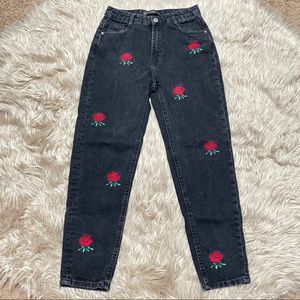 Zara Black Jeans with Red Floral Embroidery